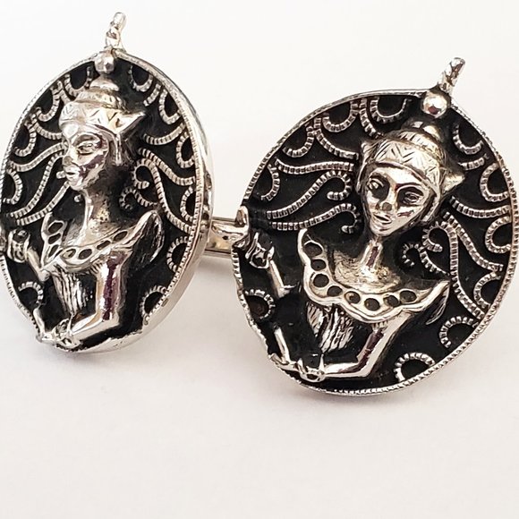 Vintage SWANK Hindu Deity Goddess Asian Cuff Links Large Oval Silver Tone